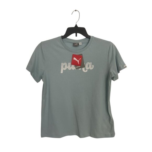 Puma Women's Spirited Logo Crewneck Cotton T-Shirt Turquoise Surf Size M New - Picture 1 of 11